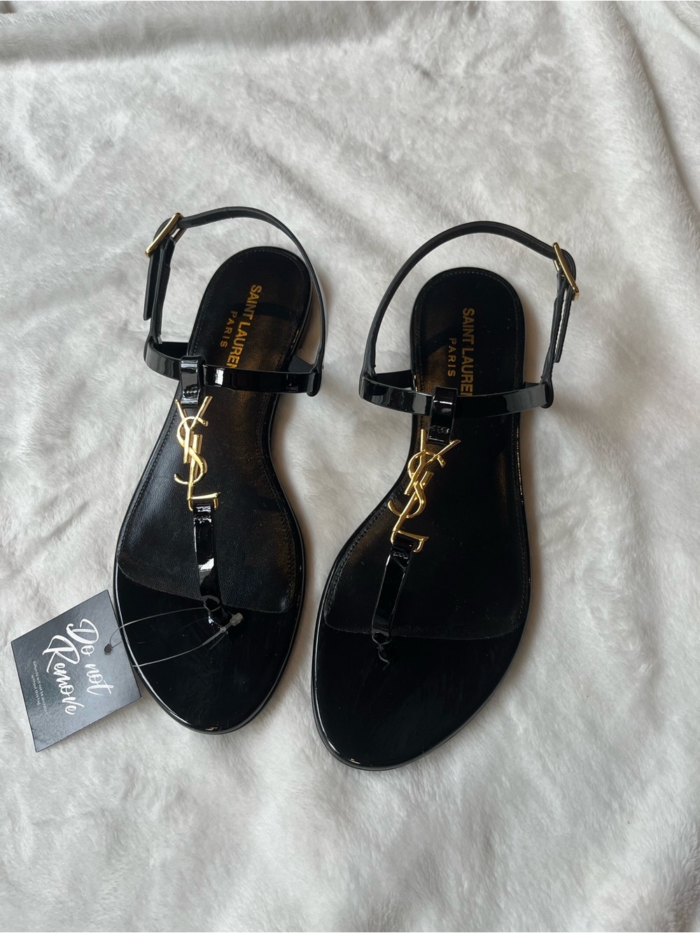 NWB yves saint laurent YSL cassandra t strap black patent leather sandals 36.5